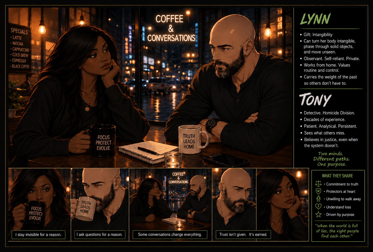 Lynn and Tony talking in a coffee shop, with character profiles and shared values